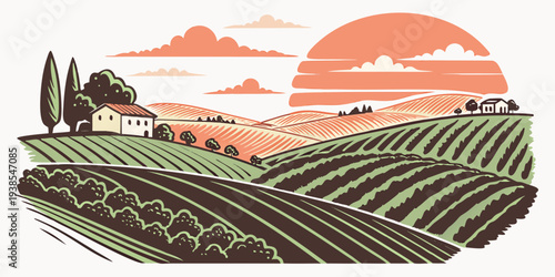 A serene vineyard landscape at sunset with rolling hills and a farmhouse Vector