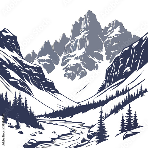 A serene mountain landscape with snow covered peaks and a winding river