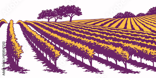 A purple and yellow vineyard with trees in the background Vector
