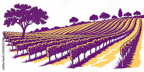 A purple and yellow illustration of a vineyard Vector