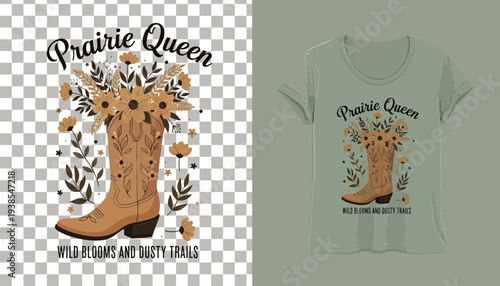 A cowboy boot with flowers and leaves on a t-shirt design, showcasing a prairie queen theme, isolated on a transparent background, viewed from the front