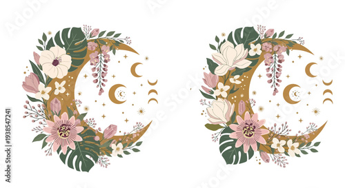 Floral wreaths with celestial elements and leaves in a circular arrangement viewed from the front
