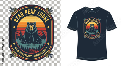 Bear emblem on apparel featuring a forest bear at dusk on a casual wear product
