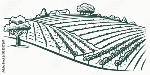 A green line drawing of a farm with rows of crops Vector