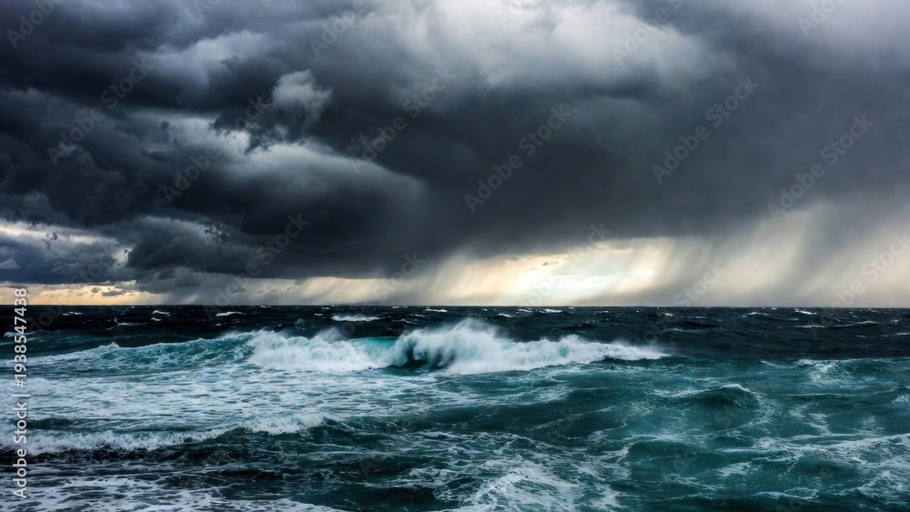 Obraz premium Rough ocean waves under heavy storm clouds at sea.
