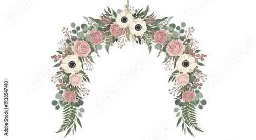 Floral archway illustration featuring flowers, leaves, and foliage, creating a beautiful, elegant, and delicate arrangement, viewed from the front