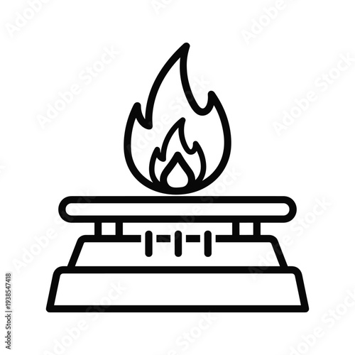 Minimalist Single Burner Gas Stove Icon with Flame, Vector Line Art Illustration on White Background