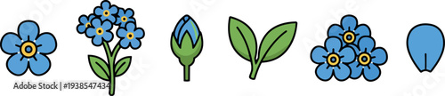 Flat design close up row of blue forget me not flower icons showing open blossom bud leaf petal cluster on white background clean