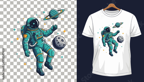 Astronaut floating in space surrounded by planets and stars, a vector graphic design on a white t-shirt, viewed from the side
