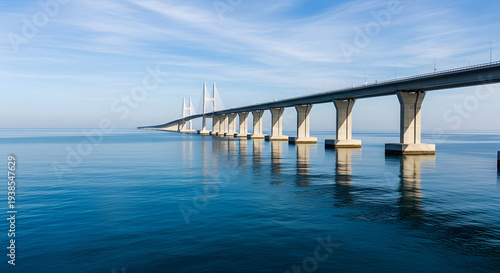 Wallpaper Mural Gemini said

A modern steel bridge structure spans the blue sea and river water reflecting a city landscape and sky for travel and road transportation Torontodigital.ca
