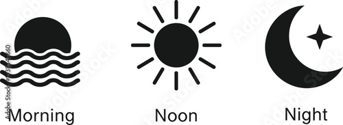 Morning Noon and Night Time Icons with Sun Moon and Sunrise Minimal Vector Illustration Set