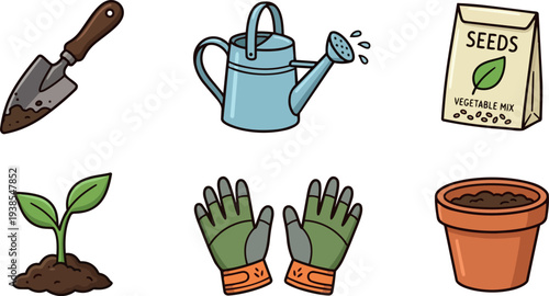 Whimsical doodle vector garden tools close up set with trowel watering can seed packet gloves sprout pot in soft morning lighting