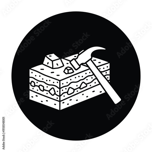 Geological rock formation with geological hammer icon layered stone structure excavation tool black and white illustration scientific research symbol