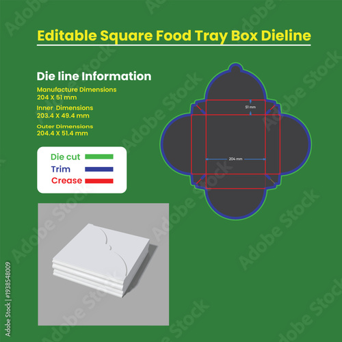 Editable Square Food Tray Box Dieline With Dimensions And Stacked Boxes die line packaging