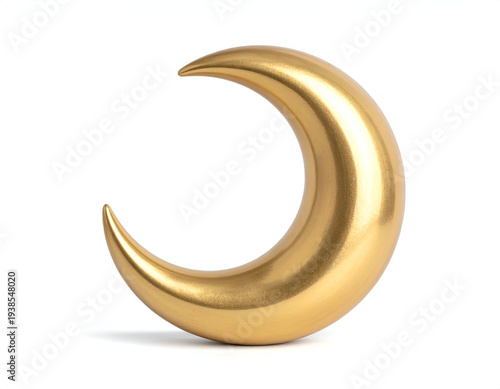 A polished, golden crescent moon shape against a white background