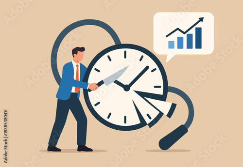 Time or attendance tracking system, analyze work efficiency in project management, productivity, workflow or effort, time spending to finish task concept, businessman cut clock in piece to analyze