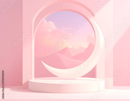 Soft pink arch frames a crescent moon and dreamy pastel sky