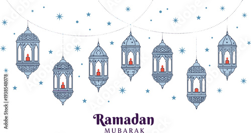 Ramadan Mubarak Greeting Card with Hanging Arabic Lanterns Stars and Islamic Festive Night Vector Illustration