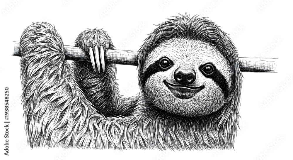 Fototapeta premium Smiling sloth hanging on a branch isolated on transparent background