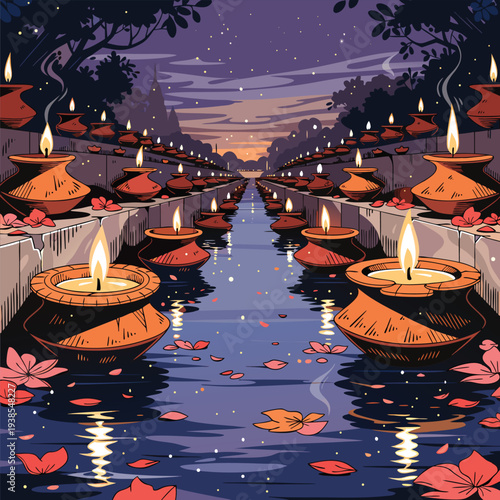 Diyas floating on water canal during twilight with petals and stars illustration
