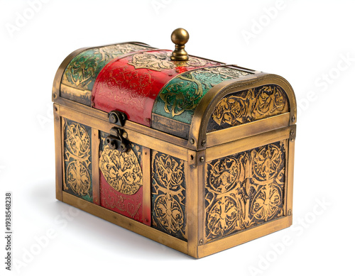 Ornate, antique-style chest with decorative metalwork and colors