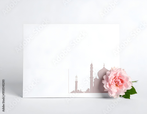 Blank card with floral design & flower on white surface