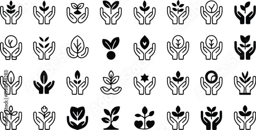 Hand Holding Plant Icon Set. Eco Growth, Nature Care, Leaf Sprout Environmental Symbols – Stock Vector