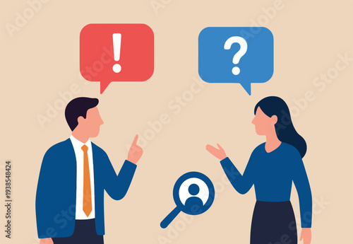Question and answer, FAQ, frequently asked questions or problem solving, solution or support idea concept, businessman and woman with exclamation mark, question mark with speech bubble conversation