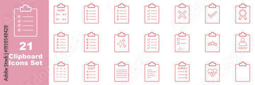 Clipboard and checklist with check boxes thin line icons set. Editable stroke. Vector illustration.  Report and survey editable line icons. Audit and financial compliance icons set, thin line business
