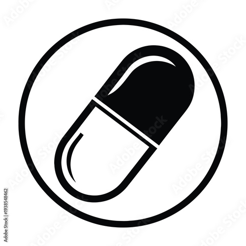 Black and white capsule icon in a circular frame symbolizing medicine and healthcare on a clean white background