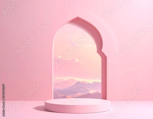 Pink archway with crescent moon above mountain landscape