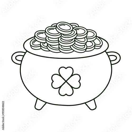 Pot with gold coins outline icon for St. Patrick Day. Simple Irish lucky treasure line illustration for coloring pages, holiday design, stickers, prints, festive graphics. Vector. Minimal art.
