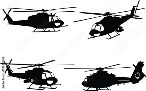 Helicopter silhouettes, varied rotor and body styles, aviation icons, black vector set, aircraft illustration, flight design, aerial transport