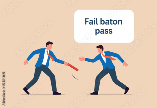 Fail baton pass, failure or mistake causing business lost, bad work transition, struggle relay, error or foul concept, distrust partner businessman fail baton pass losing business competition