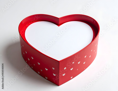 Open red heart-shaped box with white interior, dotted