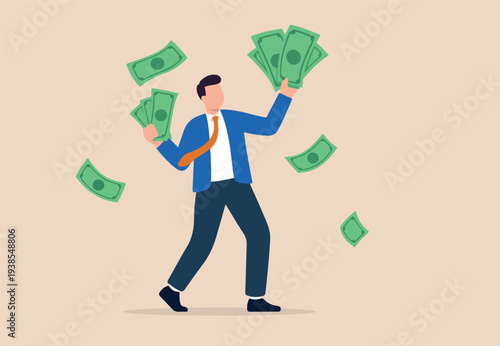 Earn money make profit from investment, savings, income or salary increase, get rich and earn more wealth concept, happy businessman millionaire holding easy money banknotes as financial success