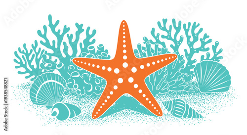 Orange starfish with teal seashells and coral on a sandy seabed