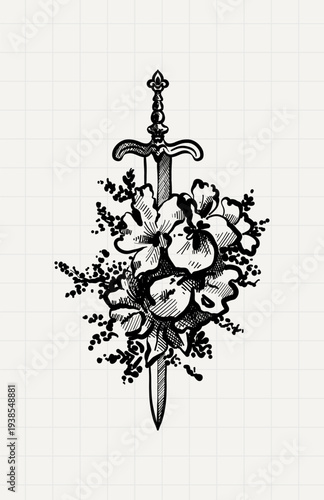 Sword with Flowers Gothic Illustration