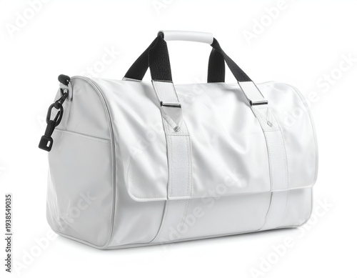 Sleek white duffel bag with black accents, ready for travel