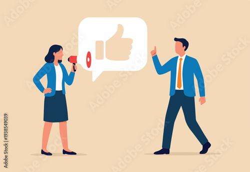 Recommendation, like or business feedback, office reputation, customer feedback or announce best quality promotion, recommend career concept, business people announce on megaphone with thumbs up.
