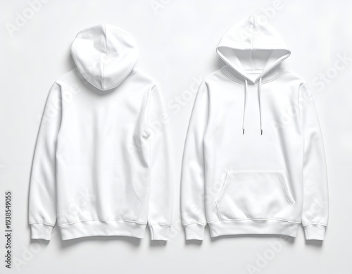 Two white hooded sweatshirts, front and back views, on a white background