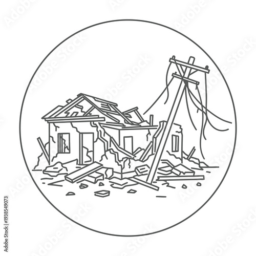 Damaged house with destroyed roof and power line debris scattered around destruction scene