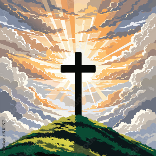 Silhouette Christian Cross on Hilltop at Sunrise Dramatic Clouds and Sunbeams Symbolic Hope