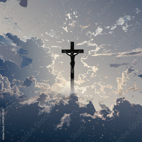 Jesus Christ Crucifixion Silhouette Against Dramatic Cloudy Sky Religious Symbolism