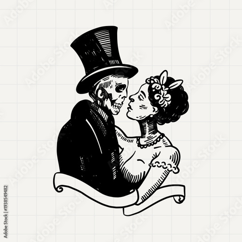 Victorian Skeleton Couple in Love Illustration