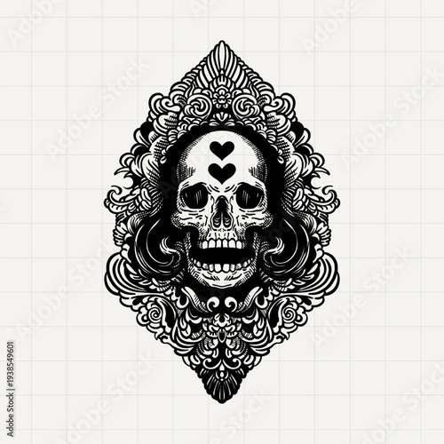 Gothic Skull with Heart Symbol Vintage Illustration