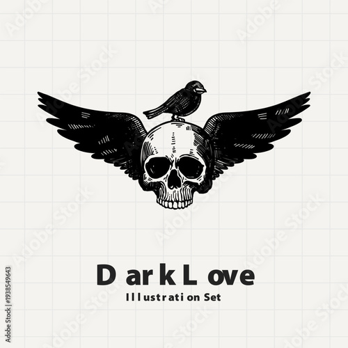 Gothic Skull with Wings and Crow Dark Love Illustration