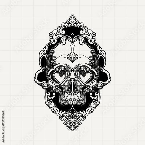 Ornate Gothic Skull in Vintage Frame Illustration