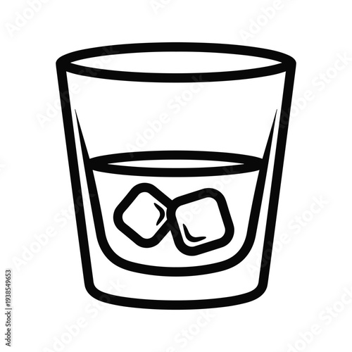 Minimalist Rocks Glass Line Art Illustration with Ice Cubes and Liquid, Isolated Vector Icon