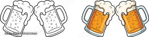 Four cartoon beer mugs with frothy heads outlined and colored versions